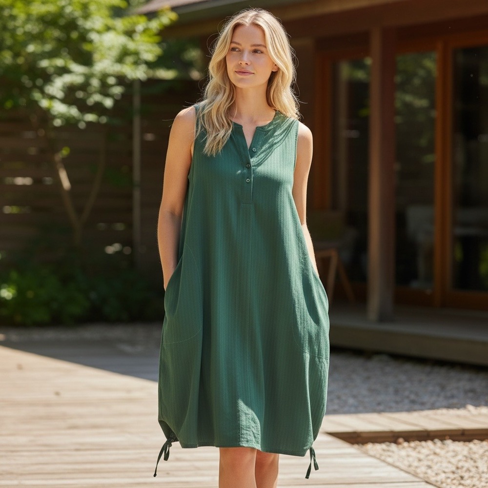 Title Nine Green Sleeveless Henley Drawstring Mini Dress